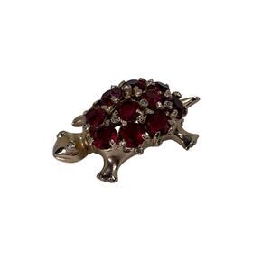Gold Tone Turtle Brooch Red Rhinestone Crystal Animal Pin Womens Costume Jewelry